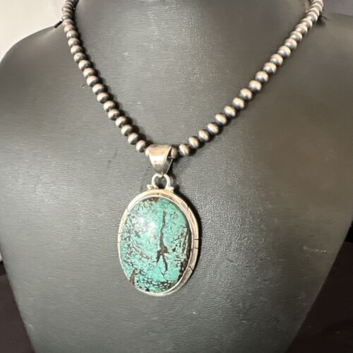 Men's Navajo Blue Spiderweb Turquoise Pendant Necklace | Sterling Silver | Authentic Native American Handmade | 16212