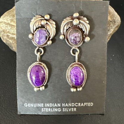 Navajo Purple Sugilite Charoite Dangle Earrings | Sterling Silver | 2" | Authentic Native American Handmade | 15258