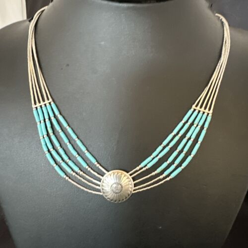 Navajo Blue Turquoise Heishi Concha Necklace | 5 Strand Liquid Sterling Silver | 20" | 15876