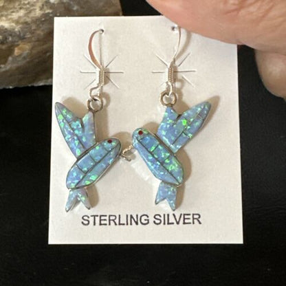 Navajo Blue Opal Hummingbird Earrings | Sterling Silver | 1" | Authentic Native American Handmade | 15088