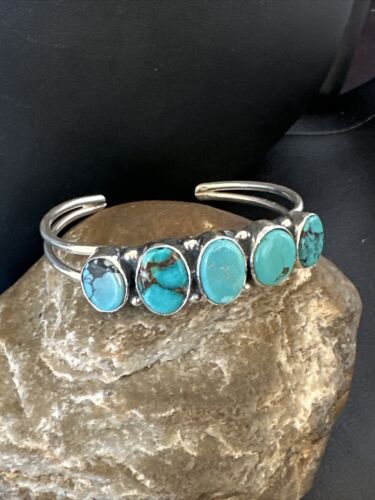 Navajo Blue Arizona Turquoise Cuff Bracelet | Sterling Silver | 5 Stone | Authentic Native American Handmade | 16277