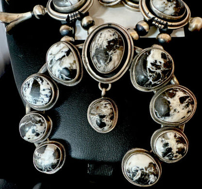 Navajo White Buffalo Turquoise Squash Blossom Necklace & Earrings | Sterling Silver | 16547