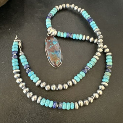 Navajo Blue Turquoise Jasper Lapis Inaly Pendant Necklace | Sterling Silver | 16926