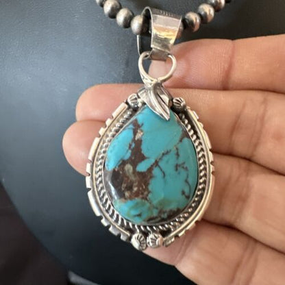 Navajo Blue Kingman Turquoise Pendant Necklace | Sterling Silver | Native American Handmade | 16023