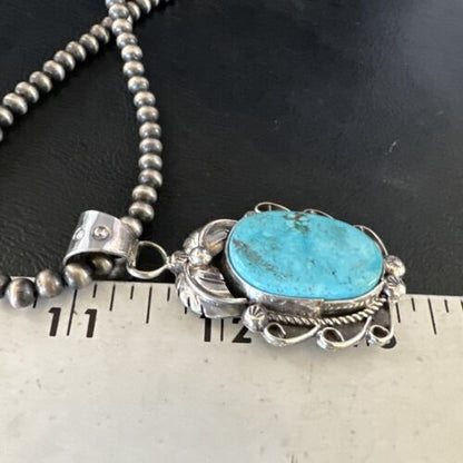Navajo Kingman Turquoise Pendant Necklace | Sterling Silver Pearls | Authentic Native American Handmade | 15214