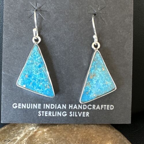 Navajo Blue Turquoise Dangle Earrings | Sterling Silver | 1" | Authentic Native American Handmade | 15801