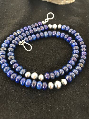 Pueblo Sterling Silver Navajo Lapis Men's Necklace | 22" | Authentic Native American Handmade | 15075