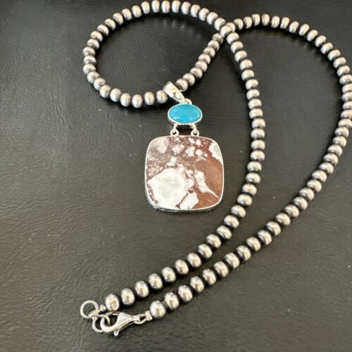 Men's Wild Horse Blue Kingman Turquoise Necklace | Sterling Silver SW Pendant | Multi-Stone | 17324