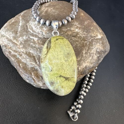 Navajo Green Gaspeite Pendant Necklace | Sterling Silver | Authentic Native American Handmade | 15482