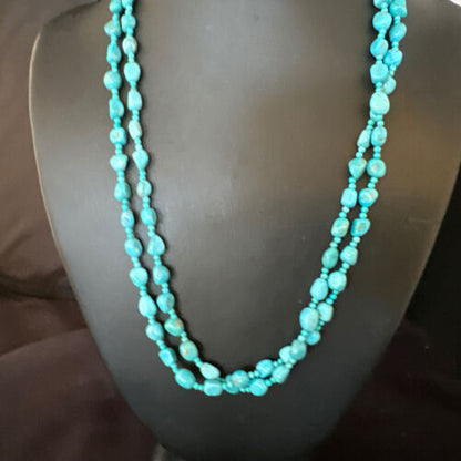Navajo Blue Nugget Turquoise Necklace | 2 Strand | Sterling Silver | 20" | Authentic Native American Handmade | 15342