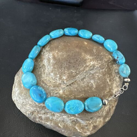 Womens Blue Turquoise Bead Southwestern Sterling Silver Link Bracelet 9