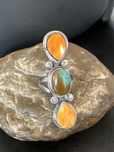 Navajo Green Turquoise Spiny Oyster Multi-Stone Ring | Authentic Native American Sterling Silver | Sz 11 | 16728
