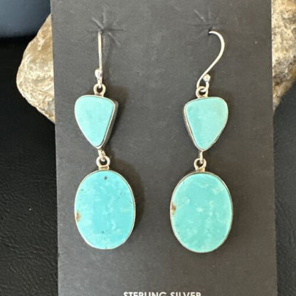 Navajo Blue Kingman Turquoise Dangle Earrings | Sterling Silver | Authentic Native American Handmade | 15107
