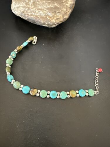 Women's Blue Turquoise Bead Bracelet | Southwestern Sterling Silver Link | 8" | 17237