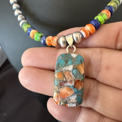Navajo Spiny Oyster Turquoise Lapis Pendant Necklace | Sterling Silver | 21" | Authentic Native American Handmade | 16630