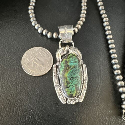 Navajo Blue Spiderweb Turquoise Pendant Necklace | Sterling Silver Pearls | Authentic Native American Handmade | 15094