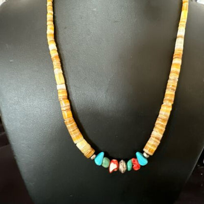 Authentic Native American Santo Domingo Shell Red Coral Blue Turquoise Onyx Necklace | 18" | 16946