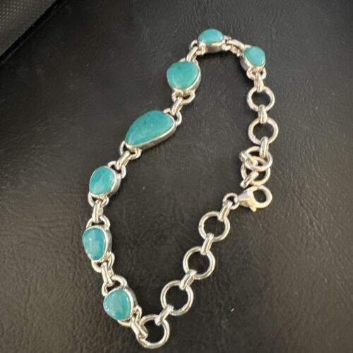 Navajo Blue Turquoise Link Bracelet | Sterling Silver | 8" | Authentic Native American Handmade | 15473