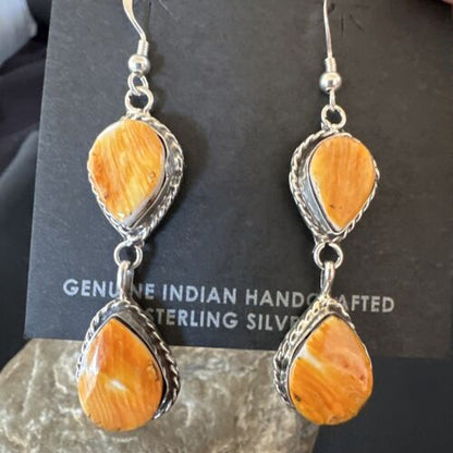 Navajo Orange Spiny Oyster Dangle Earrings | Sterling Silver | 1.5" | Authentic Native American Handmade | 16563