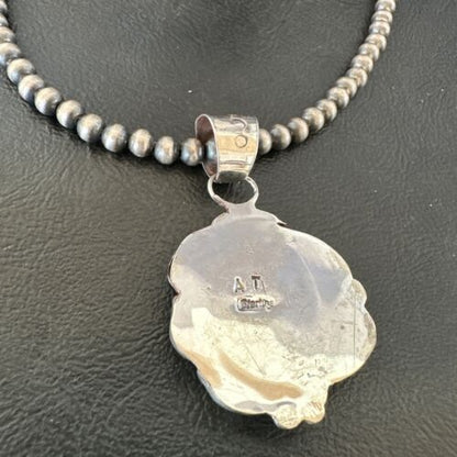 Navajo Orange Spiny Oyster Pendant Necklace | Sterling Silver Pearls | Authentic Native American Handmade | 16558