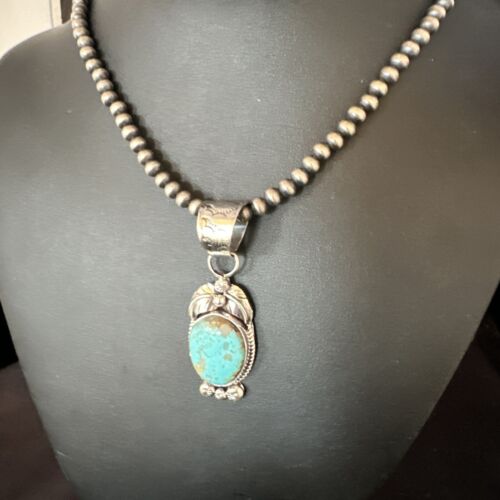 Navajo Blue Turquoise #8 Pendant | Sterling Silver Necklace with Pearls | Authentic Native American Handmade | 15444