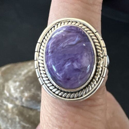 Navajo Purple Charoite Oval Ring | Sterling Silver | Sz 8 | Authentic Native American Handmade | 15541
