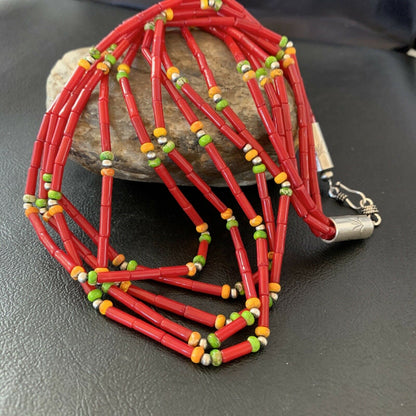 Navajo Red Coral Spiny Turquoise Bead Necklace with Pendant | Sterling Silver | 21" | 10923