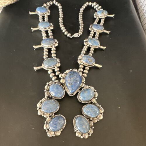 Navajo Sterling Silver Denim Lapis Pendant Necklace | Naja Squash Blossom | Authentic Native American Handmade | 15033