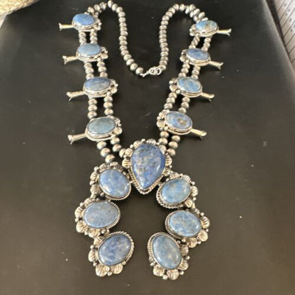 Navajo Sterling Silver Denim Lapis Pendant Necklace | Naja Squash Blossom | Authentic Native American Handmade | 15033