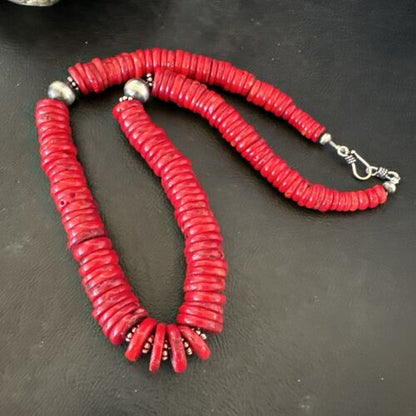 Authentic Native American Red Coral Graduated Navajo Pearls Necklace | Sterling Silver | 18" | 17537