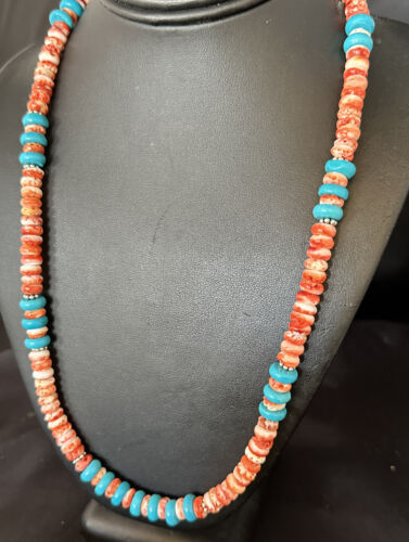 Women's Turquoise Spiny Oyster Necklace | Navajo Pearl Sterling Silver | Authentic Native American Handmade | 22" | 15057
