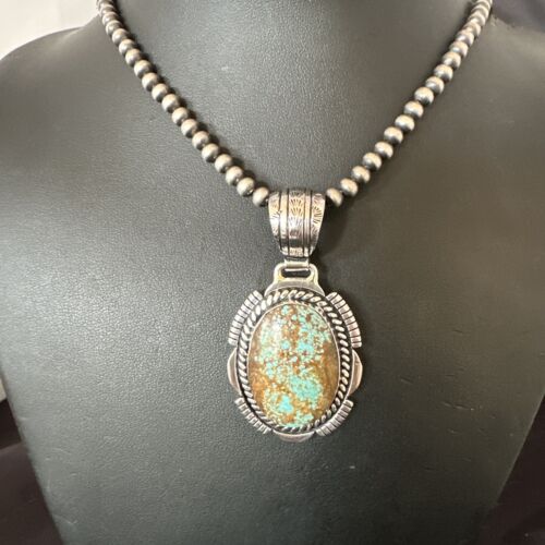 Navajo Blue Turquoise #8 Pendant | Sterling Silver Pearls Necklace | Authentic Native American Handmade | 16348