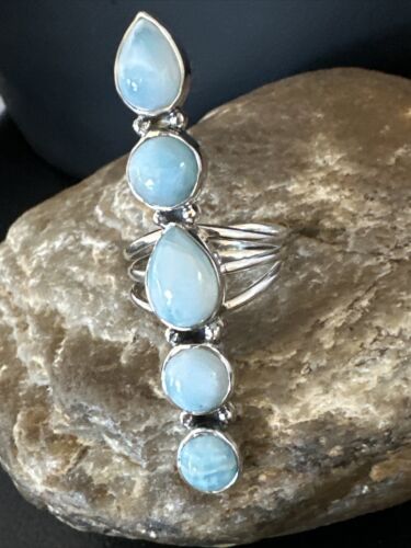 Navajo Blue Larimar Cluster Ring | Authentic Native American Sterling Silver | Multi-Stone | Sz 8 | 15979