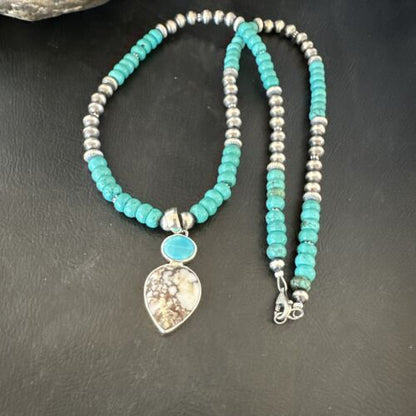 Navajo Wild Horse Blue Kingman Turquoise Necklace | Sterling Silver | Authentic Native American Handmade | 17525