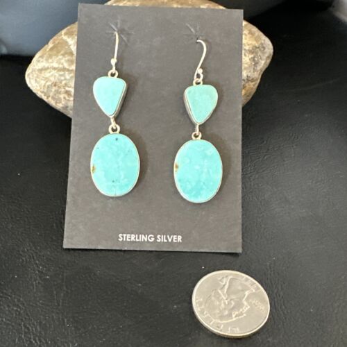 Navajo Blue Kingman Turquoise Dangle Earrings | Sterling Silver | Authentic Native American Handmade | 15107