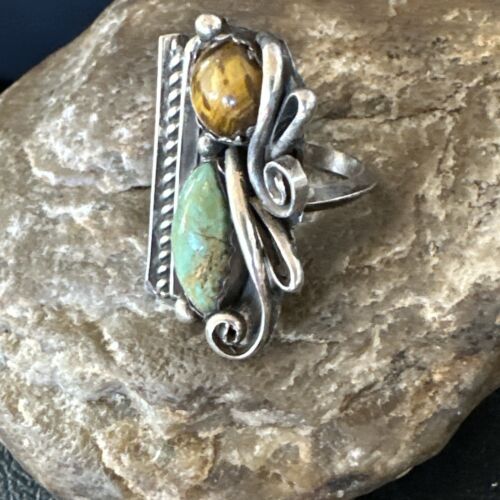Navajo Turquoise Multi-Stone Adjustable Ring | Authentic Native American Sterling Silver | Sz 5 | 16891