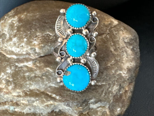 Navajo Blue Kingman Turquoise Cluster Ring | Authentic Native American Sterling Silver | Multi-Stone | Sz 7 | 16323