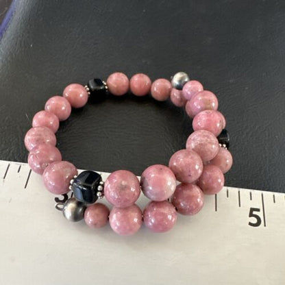 Navajo Pink Rhodochrosite Memory Wire Bracelet | Stainless Steel | Authentic Native American Handmade | 17623