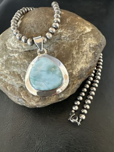 Navajo Blue Larimar Pendant Necklace | Sterling Silver Beads | Authentic Native American Handmade | 17605