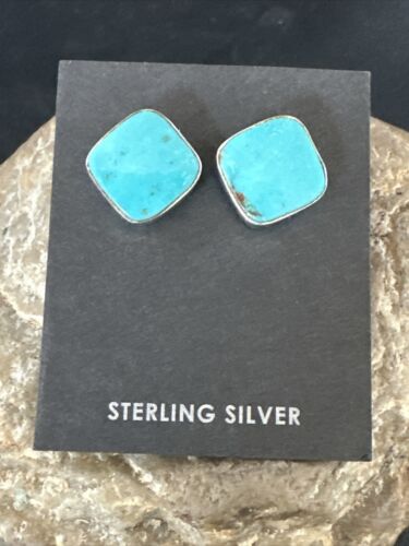 Navajo Blue Kingman Turquoise Post Stud Earrings | Sterling Silver | Authentic Native American Handmade | 17409
