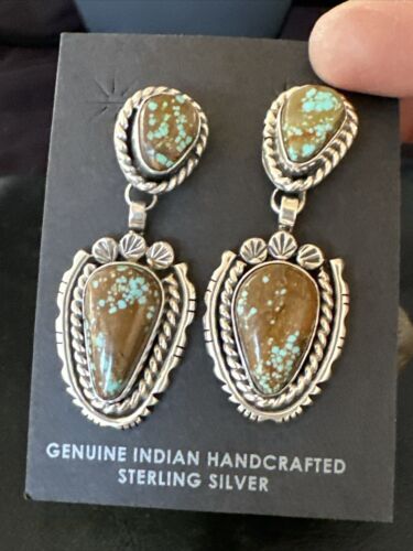 Navajo Blue Turquoise #8 Dangle Earrings | Sterling Silver | Authentic Native American Handmade | 17494