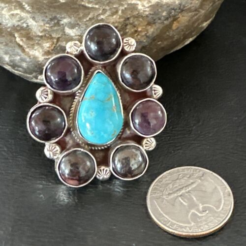 Navajo Cluster Blue Kingman Turquoise Sugilite Ring | Authentic Native American Sterling Silver | Multi-Stone | Sz 7 | 16772