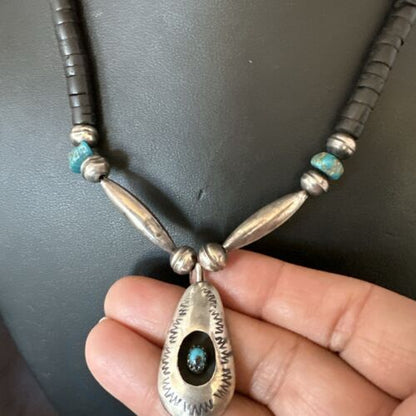 Navajo Blue Turquoise Black Onyx Shadowbox Pendant | Sterling Silver Necklace | 16" | 17542
