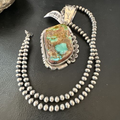 Men's Navajo Blue Green Royston Turquoise Pendant Necklace | Sterling Silver | Native American Handmade | 10429