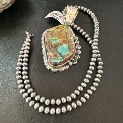 Men's Navajo Blue Green Royston Turquoise Pendant Necklace | Sterling Silver | Native American Handmade | 10429