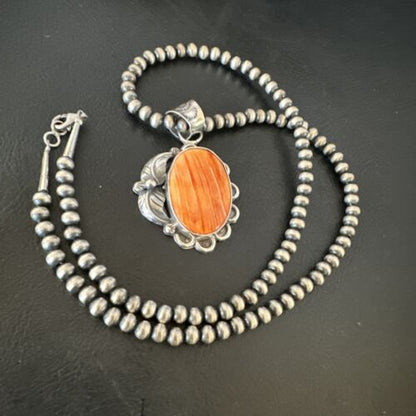 Navajo Orange Spiny Oyster Pendant Necklace | Sterling Silver | Authentic Native American Handmade | 15628