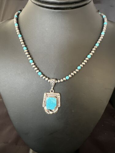 Navajo Pearls Kingman Turquoise Necklace | Sterling Silver | Authentic Native American Handmade | 14895