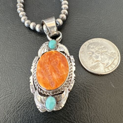 Navajo Spiny Oyster | Blue Turquoise Pendant Necklace | Sterling Silver | Native American Handmade | 16458