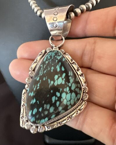 Men's Spiderweb Turquoise Pendant Necklace | Navajo Pearls | Sterling Silver | Native American Handmade | 17066