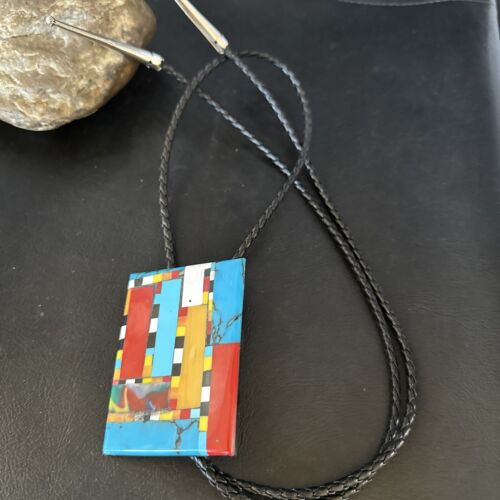 Men's Turquoise Orange Spiny Oyster Bolo Tie | Santo Domingo | Sterling Silver | 15500